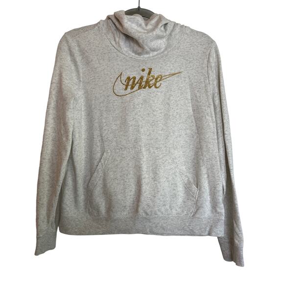 Nike Womens High Neck Gold Logo Hoodie Sweatshirt Size M Gray Fleece Athleisure - Picture 1 of 6